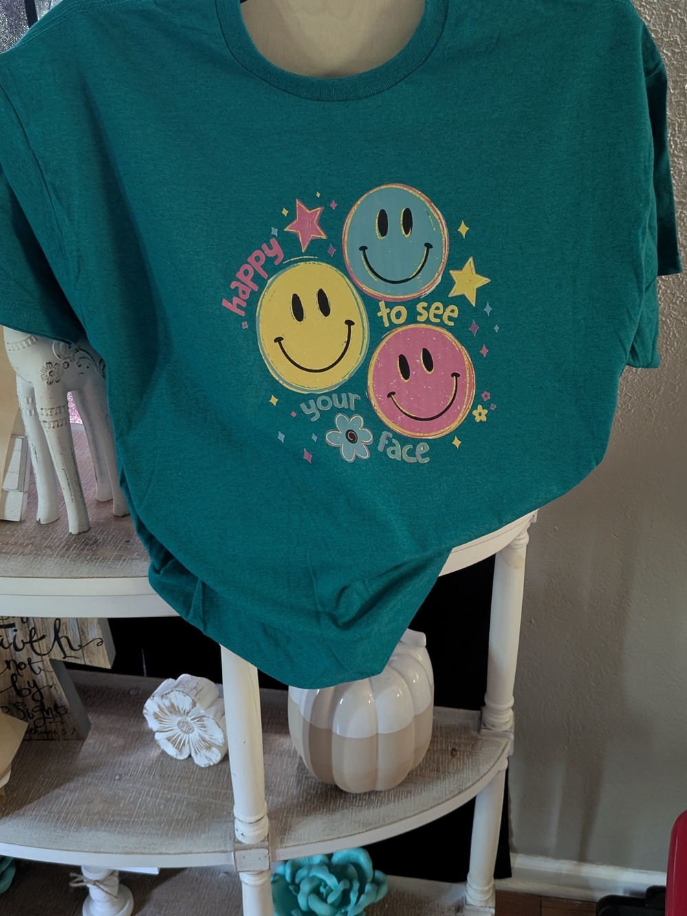 Gildan Teal Graphic Tee with Yellow Pink and Blue Smiley Faces - Picture 3 of 4